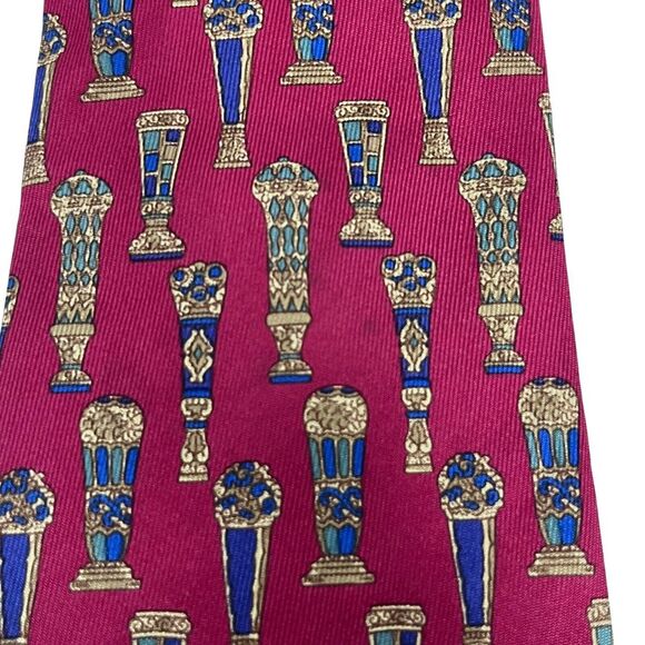 Salvatore Ferragamo Mens Tie Vases Wine Red & Blue Silk 3.5" (W) x 56.5" (L) guc - Picture 10 of 12